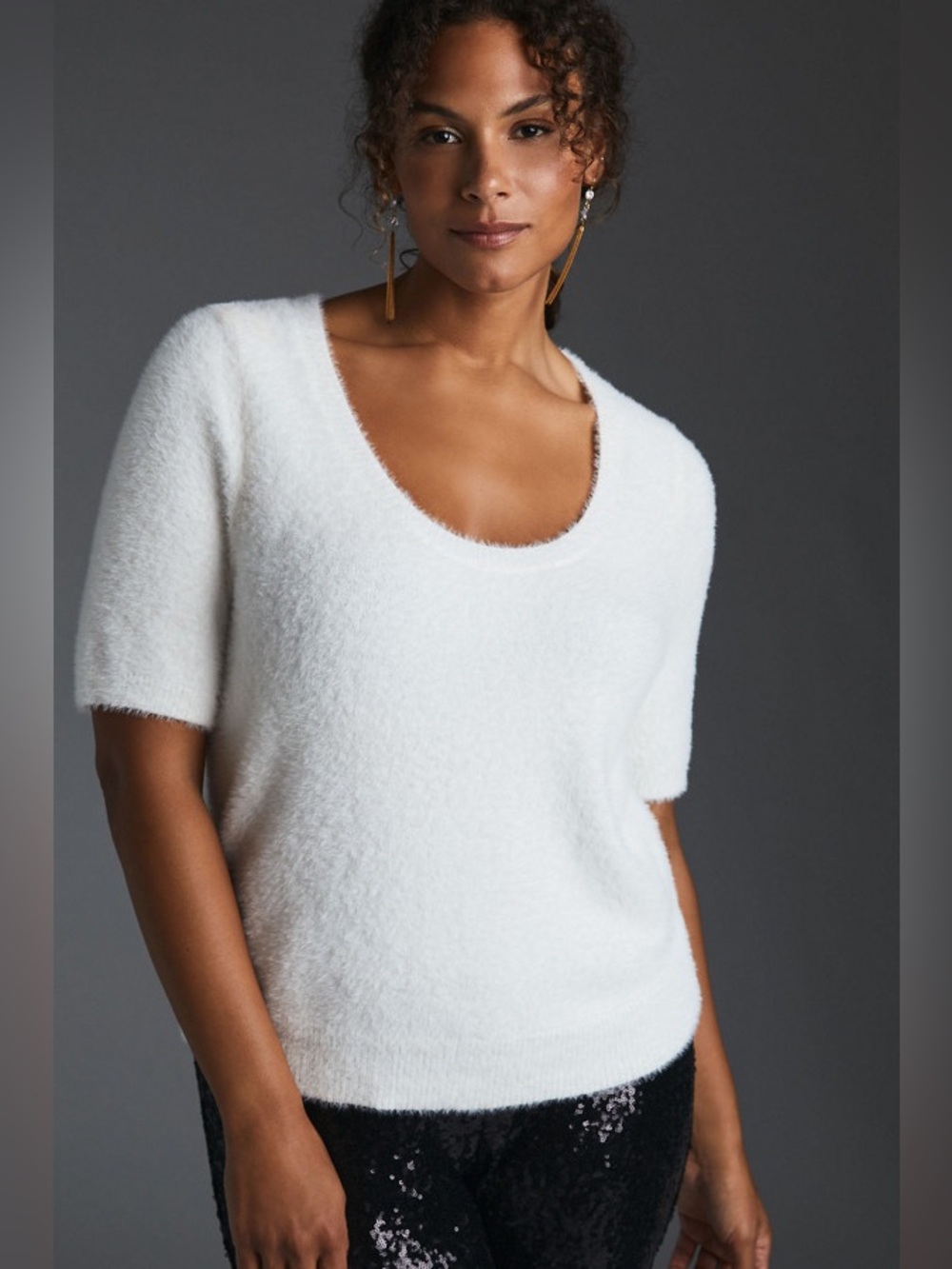 Maeve Anthropologie White Scoop-Neck Short Sleeve Eyelash fuzzy Sweater